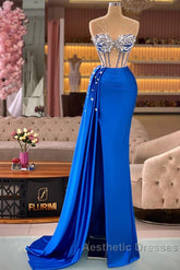 Royal Blue Mermaid Beading See Through Evening Prom Dresses